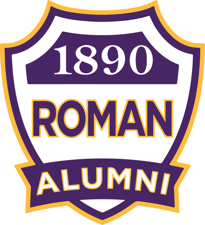 Roman Alumni crest: a purple and gold shield reading 1890, Roman, Alumni